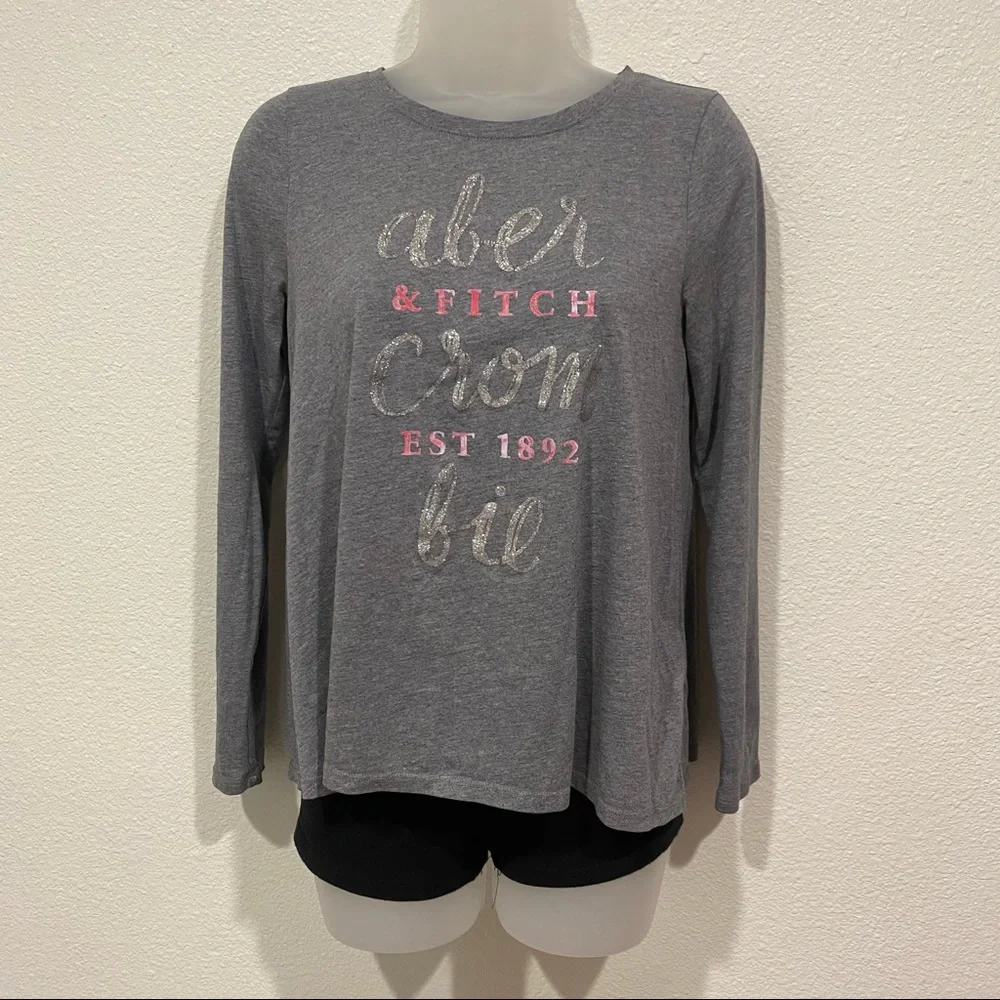 Kids Abercrombie Girls Gray Pink Glitter Logo Long Sleeve T-Shirt 15/16